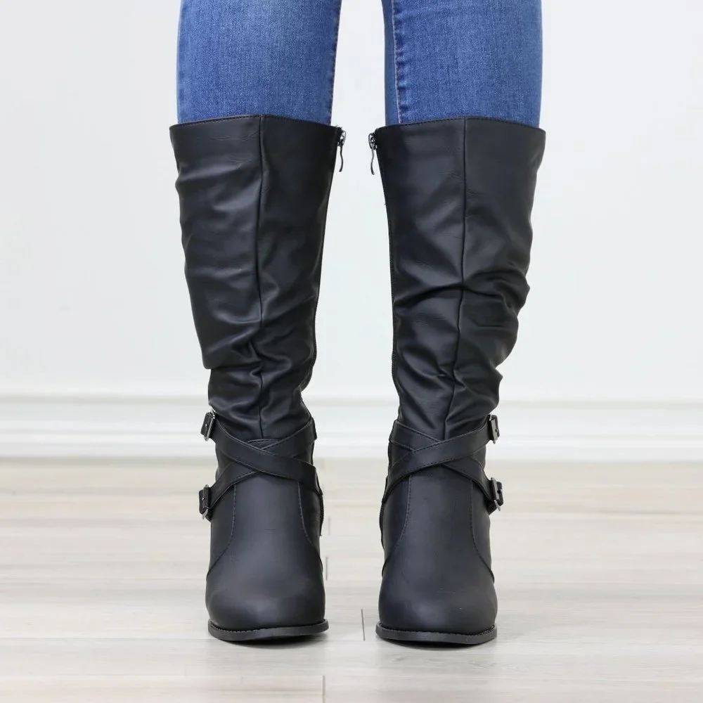 Black Mid Calf Block Heeled Boots Synthetic Leather Pointed Toe Womens - Picture 12 of 15